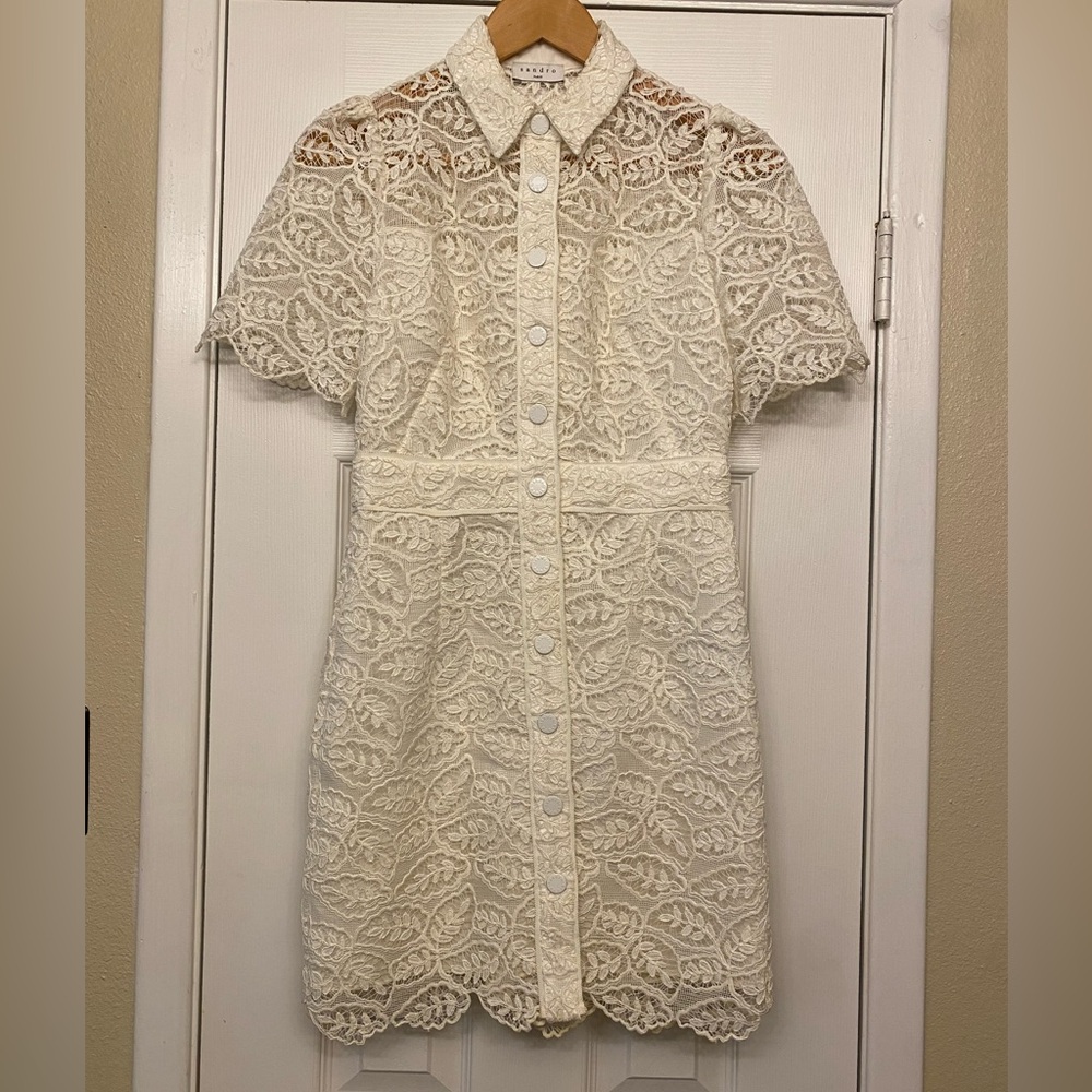 SANDRO Paris: Elegant Lace Button-Down Collared Dress in Ivory S